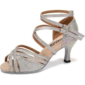 Women's Latin Dance Shoes Rhinestones Open Toe Salsa Bachata Ballroom Performance Dancing Shoes,Model YC-D27-Suede Sole-3" Heel