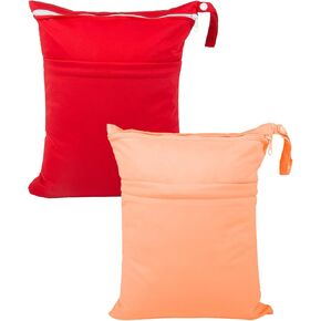 Wet Dry Bags 2 Pack for Baby Cloth Diapers, Waterproof Reusable with Two Zippered Pockets Travel Beach Pool Soiled Baby Items Yoga Gym Bag for Swimsuits or Wet Clothes (red and orange)