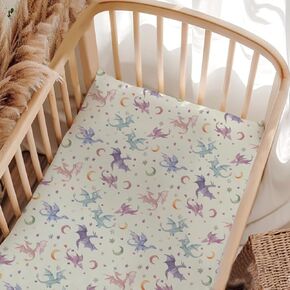 Unisex Watercolor Dragons Moon Stars Pattern Baby Fitted Crib Mattress Sheets for Baby Boys Girls Standard Crib and Toddler Mattress, Cute Dragons Print Crib Sheets Baby Nursery Bedding-28 * 52