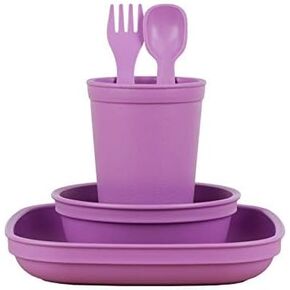 Re-Play Made in USA Toddler Dinnerware Set - 10 oz. Open Cup, 7" Flat Plate, 12 Oz. Bowl, Rounded Tip Fork and Deep Scoop Spoon - Dishwasher/Microwave Safe Plastic Dinnerware Set - Purple