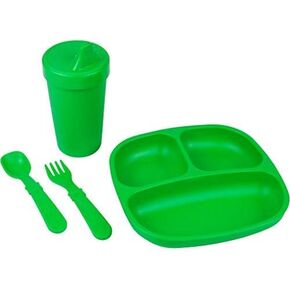 Re-Play Made in USA Toddler Dinnerware Set - No-Spill Sippy Cup, 7" Divided Plate, Rounded Tip Fork and Deep Scoop Spoon - Dishwasher/Microwave Safe Plastic Dinnerware Set - Amethyst