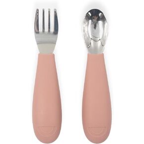 Silicone Toddler Fork and Spoon Set (Brown Speckle) - Easy Grip, Stainless Steel Kids Cutlery Set - Dishwasher Safe, Food Grade Silicone Silverware for Babies - Self-Feeding Toddler Utensils Set
