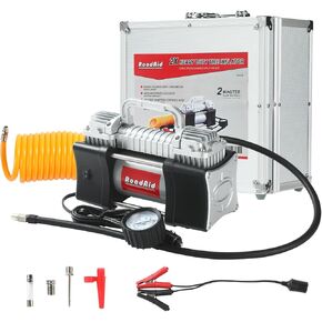 12V Tire Inflator Portable Air Compressor, Double Cylinders Pump 150PSI, Luxury Aluminum Box, Battery Clamp, 5M Extension Hose, Metal Pump for Car,SUV,Motorcycle,Bicycle