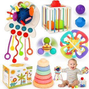 Baby Toys 6-12 Months,5 in 1 Montessori Toys for Babies 6-12 Months,Pull String Infant Teething Toys,Stacking Rings,Color Shape Sensory,Suction Cup Spinner Toys for 6-9-12 to 18 M+ Birthday Gifts