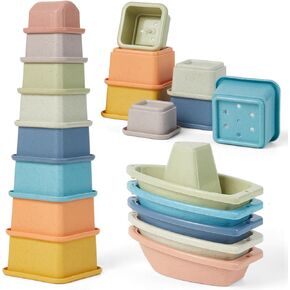 Stacking Cups Toy Set, Fun Educational Baby Toys, 13-PC Stackable Cups with Number Nesting Cups & Bath Boats Bath Toy for Babies 6-12 Months Stacking Cups for Toddlers 1-3
