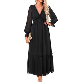 Pinup Fashion Fall Long Sleeve Maxi Dress - Casual Wedding Guest Boho Chiffon Deep V Neck Dresses