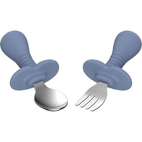 4 Pieces Toddler Utensils, Kids Silverware Set with Silicone Handle, 18/8 Stainless Steel Children Safe Forks and Spoons, BPA Free, Anti-Choke Design (Lite Blue, Grey)