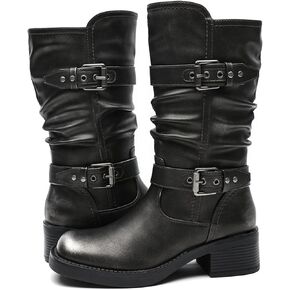 GLOBALWIN Women's Motorcycle Boots Fall Fashion Mid Calf Boots For Women Square Toe Low Heel Size 10M