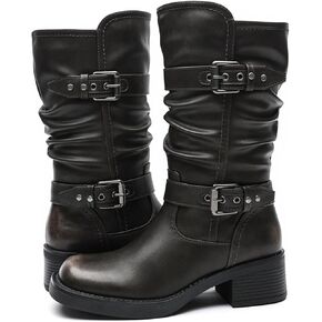 GLOBALWIN Women's Motorcycle Boots Fall Fashion Mid Calf Boots For Women Square Toe Low Heel Size 10M