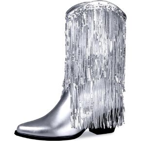 Womens Fringe Metallic Cowboy Boots Pointed Toe Chunky Hell Tassel Mid Calf Boots