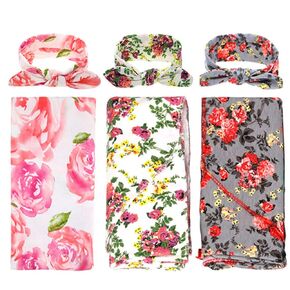 DRESHOW BQUBO Newborn Floral Receiving Blankets 3 Sets Newborn Baby Swaddling with Bow Headbands Sleepsack Toddler Warm Shower Gift
