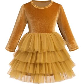 OBEEII Toddler Baby Flower Girl Dress Velvet Long Sleeve Tiered Tulle Tutu Dress Wedding Birthday Christmas Party Dress