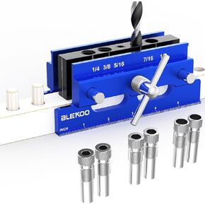Upgraded 6.7 inch Self Centering Doweling Jig Kit (Blue), Drill Jig For Straight Holes Biscuit Joiner Set With 6 Drill Guide Bushings, Adjustable Width Drilling Guide Power Tool Accessory Jigs