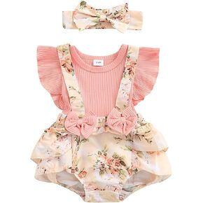 Baby Girl Floral Romper Newborn Dress Ruffle playsuit Suspender Shorts Jumpsuit Cute Summer Clothes and Headband