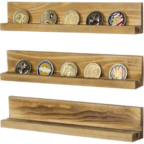 MyGift Wall Mounted Vintage Gray Wood Challenge Coin Holder and Casino Chip Display Shelf, Single Row Military Coin Showcase Rack, Set of 3