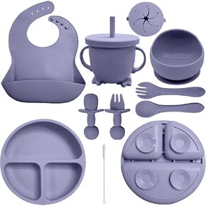 Baby Led Weaning Supplies | 10 Piece Silicone Feeding Set | Baby Toddler Bib Cup Divided Plate and Bowl Self Feeding Spoons Dish Set | Baby Utensils | Toddler Feeding Supplies (Light Pink)