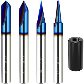 Engraving Bits 15, 20, 60, 90 Degree CNC Wood Carving Router Bit Set with Nano Blue Coated, Marking Conical Engraving Router Tool , 2 Flutes Tungsten Steel Straight CNC V-bit 1/4 Inch Shank