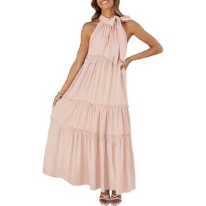 ZESICA Womens Summer Boho Halter Maxi Dresses 2024 Casual Sleeveless Pleated Tiered Flowy Beach Vacation Long Dress