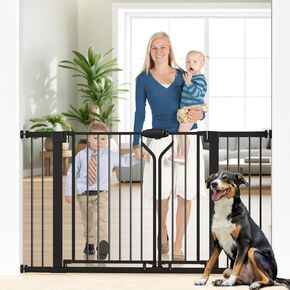 Double Door Baby Gate for Stairs - 55.5'' Extra Wide Auto Close Doorways Gate, Easier to Walk Through for Larger Bodies, Includes 5.5'' & 11'' Extension, Pressure Mount or Drilling Kit, Black