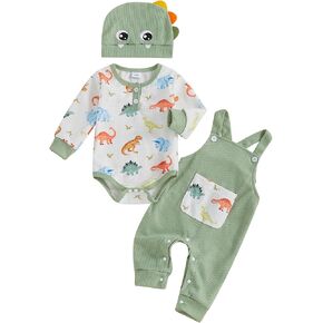 Newborn Baby Boy Dinosaur Outfit Long Sleeve Romper + Overalls Long Pants + Cute Hat Infant Fall Spring Clothes