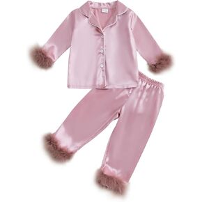 Toddler Baby Girl Satin Pajamas Set Fuzzy Trim Button Down Sleep Shirt Top Pants Bottoms Sleepwear Loungewear Set (Pink, 4-5 Years)