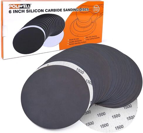 POLIWELL Sanding Discs 6 Inch 1500 Grit 20 Pack Hook & Loop | Round Flocking Sandpaper Ideal for Wet/Dry Grinder Polishing. Made of Hook&Loop for Waterproof in Saudi Arabia