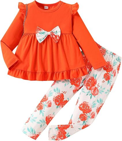 Kid Toddler Girl Clothes Bowknot Ruffle Sleeve Top + Floral Allover Pants 2PC Fall Winter Outfit Set in Kuwait
