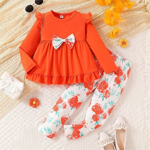 Kid Toddler Girl Clothes Bowknot Ruffle Sleeve Top + Floral Allover Pants 2PC Fall Winter Outfit Set in Kuwait