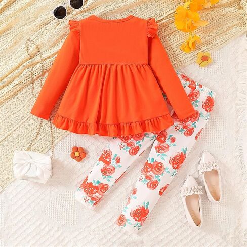 Kid Toddler Girl Clothes Bowknot Ruffle Sleeve Top + Floral Allover Pants 2PC Fall Winter Outfit Set in Kuwait
