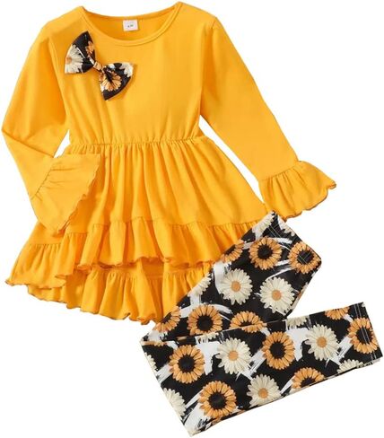 Kid Toddler Girl Clothes Bowknot Ruffle Sleeve Top + Floral Allover Pants 2PC Fall Winter Outfit Set in Kuwait