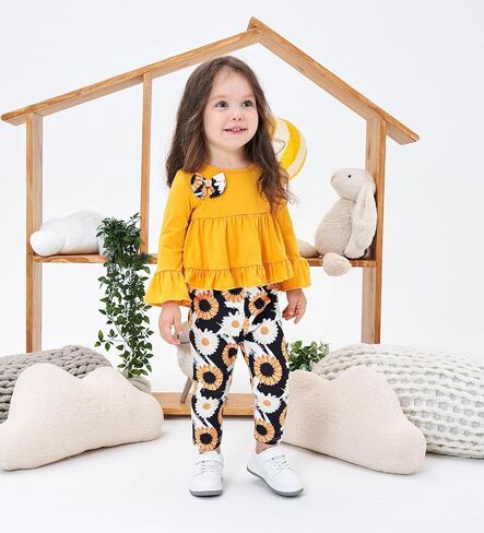 Kid Toddler Girl Clothes Bowknot Ruffle Sleeve Top + Floral Allover Pants 2PC Fall Winter Outfit Set in Kuwait