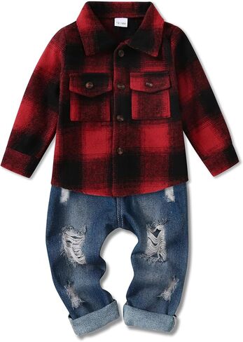 WESIDOM Toddler Baby Girl Boy Clothes Long Sleeve Collar Plaid Shirts Jacket Ribbed Jeans Pants Set Baby Boys Fall Outfit in Saudi Arabia