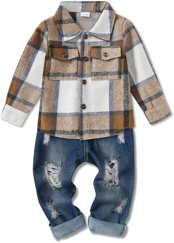 WESIDOM Toddler Baby Girl Boy Clothes Long Sleeve Collar Plaid Shirts Jacket Ribbed Jeans Pants Set Baby Boys Fall Outfit in Saudi Arabia