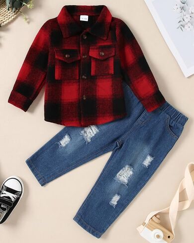 WESIDOM Toddler Baby Girl Boy Clothes Long Sleeve Collar Plaid Shirts Jacket Ribbed Jeans Pants Set Baby Boys Fall Outfit in Saudi Arabia