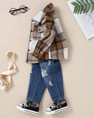 WESIDOM Toddler Baby Girl Boy Clothes Long Sleeve Collar Plaid Shirts Jacket Ribbed Jeans Pants Set Baby Boys Fall Outfit in Saudi Arabia