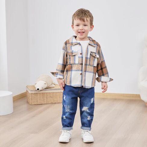 WESIDOM Toddler Baby Girl Boy Clothes Long Sleeve Collar Plaid Shirts Jacket Ribbed Jeans Pants Set Baby Boys Fall Outfit in Saudi Arabia