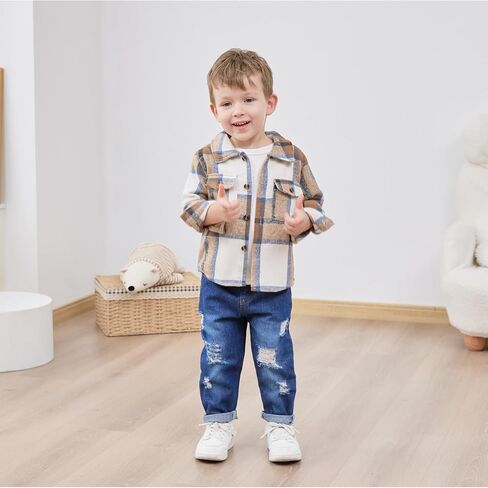 WESIDOM Toddler Baby Girl Boy Clothes Long Sleeve Collar Plaid Shirts Jacket Ribbed Jeans Pants Set Baby Boys Fall Outfit in Saudi Arabia