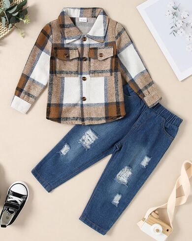 WESIDOM Toddler Baby Girl Boy Clothes Long Sleeve Collar Plaid Shirts Jacket Ribbed Jeans Pants Set Baby Boys Fall Outfit in Saudi Arabia