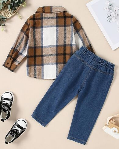 WESIDOM Toddler Baby Girl Boy Clothes Long Sleeve Collar Plaid Shirts Jacket Ribbed Jeans Pants Set Baby Boys Fall Outfit in Saudi Arabia