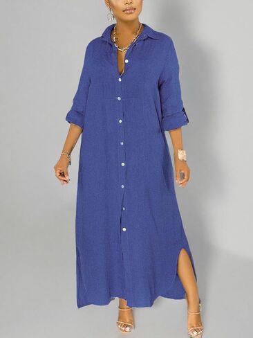qfmqkpi Women's Solid Color 3/4 Rolled-Up Sleeve Shirts Dress Buttons Down Side Slit Maxi Dresses in Kuwait