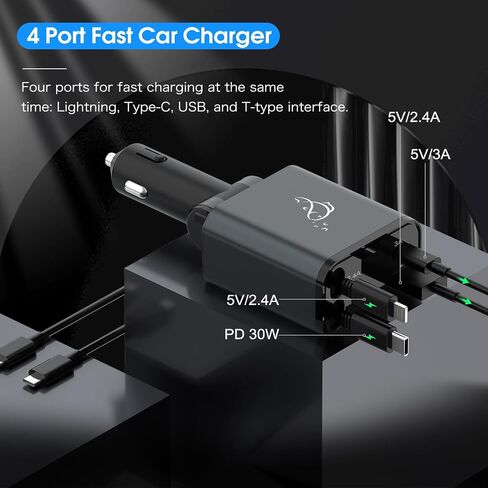 Smaller Fast Car Charger,4 in 1 Retractable Car Charger, with Cord USB C Car Charger Adapter, Compatible Smartphone, Magic Gold in Saudi Arabia
