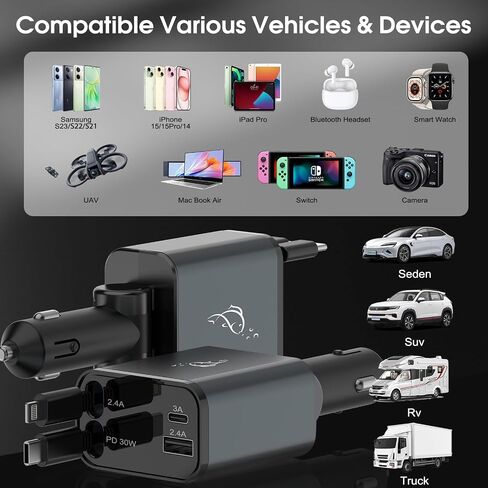 Smaller Fast Car Charger,4 in 1 Retractable Car Charger, with Cord USB C Car Charger Adapter, Compatible Smartphone, Magic Gold in Saudi Arabia