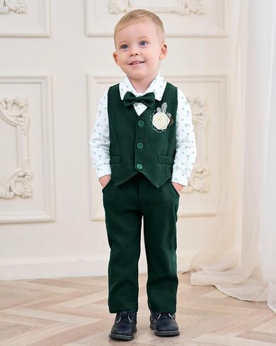 Baby Boy Clothes Suit Infant Gentleman Wedding Outfit Dress Shirt+Bowtie+Vest+Corsage+Suspender+Pants 6Pcs Set 0-24M in Saudi Arabia