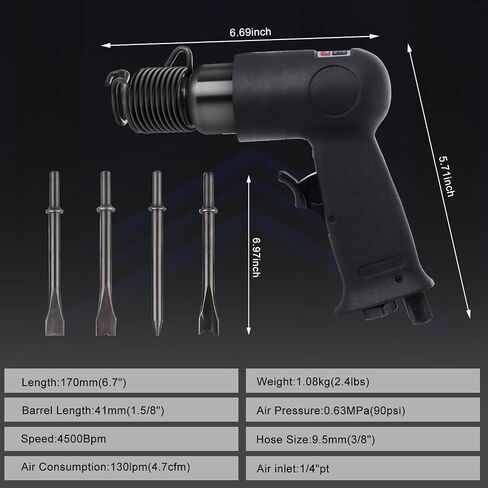 Short Barrel Air Hammer Kit, Includes 4 Types of Chisels, Quick-Change Retainer, and Lightweight Carrying Case, 4500 BPM, 1-5/8 Inch Stroke, Suitable for Machine Maintenance, Removing Screws in Saudi Arabia