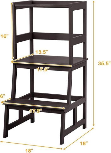 Costzon Kids Kitchen Step Stool with Safety Rail, Toddler Kitchen Stool w/Solid Bamboo Construction, Child Stand Helper for Kitchen Bathroom Living Room, Perfect for Toddler from 18-36 Months (Brown) in Saudi Arabia