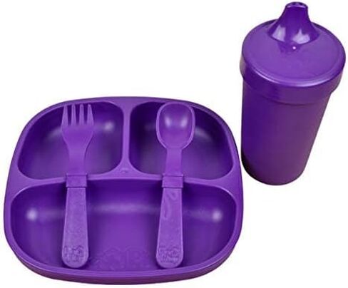 Re-Play Made in USA Toddler Dinnerware Set - No-Spill Sippy Cup, 7" Divided Plate, Rounded Tip Fork and Deep Scoop Spoon - Dishwasher/Microwave Safe Plastic Dinnerware Set - Amethyst in Saudi Arabia