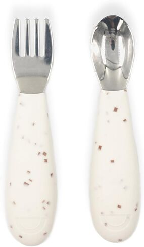 Silicone Toddler Fork and Spoon Set (Brown Speckle) - Easy Grip, Stainless Steel Kids Cutlery Set - Dishwasher Safe, Food Grade Silicone Silverware for Babies - Self-Feeding Toddler Utensils Set in Saudi Arabia