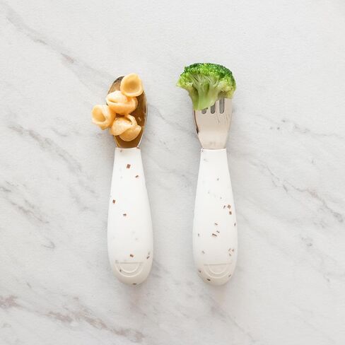 Silicone Toddler Fork and Spoon Set (Brown Speckle) - Easy Grip, Stainless Steel Kids Cutlery Set - Dishwasher Safe, Food Grade Silicone Silverware for Babies - Self-Feeding Toddler Utensils Set in Saudi Arabia