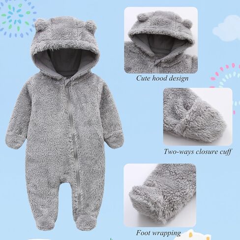 Baby Snowsuit Bear Ear Hooded Jumpsuit Fleece Romper Zipper Winter Coat Outfits in Saudi Arabia