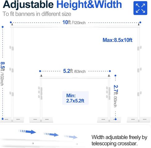 EMART Backdrop Stand, 10x10ft Width Adjustable Photography Background Support Poles with Heavy Duty Flat Base, Photo Metal Steel Pipe and Drape Frame Kit for Parties Birthday Wedding - Black in Kuwait